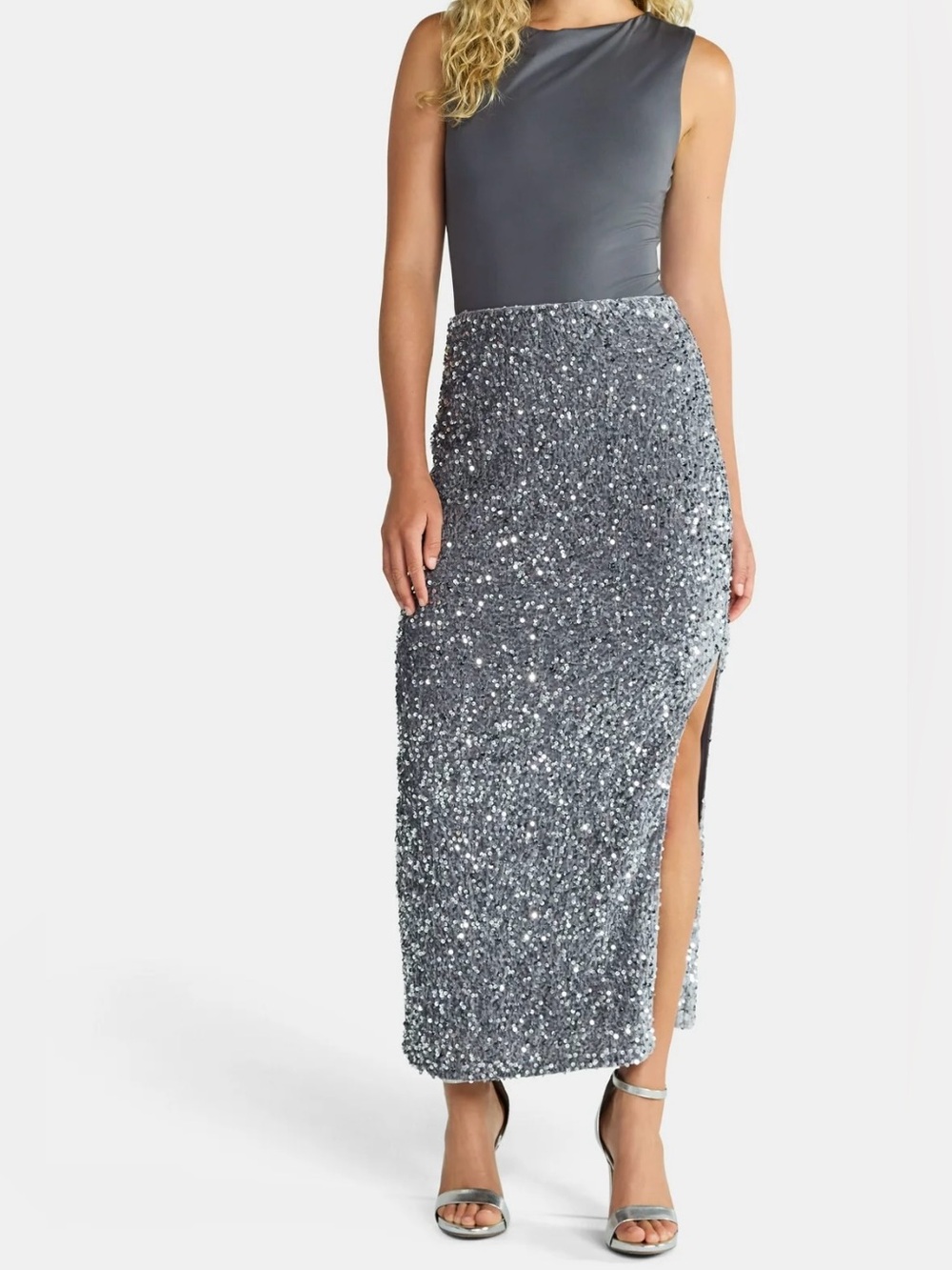Silver Sequin Pencil Skirt with Side Slit